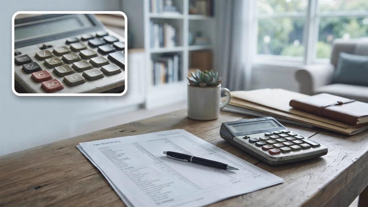 A pen resting on a printed tax summary with figures in two columns